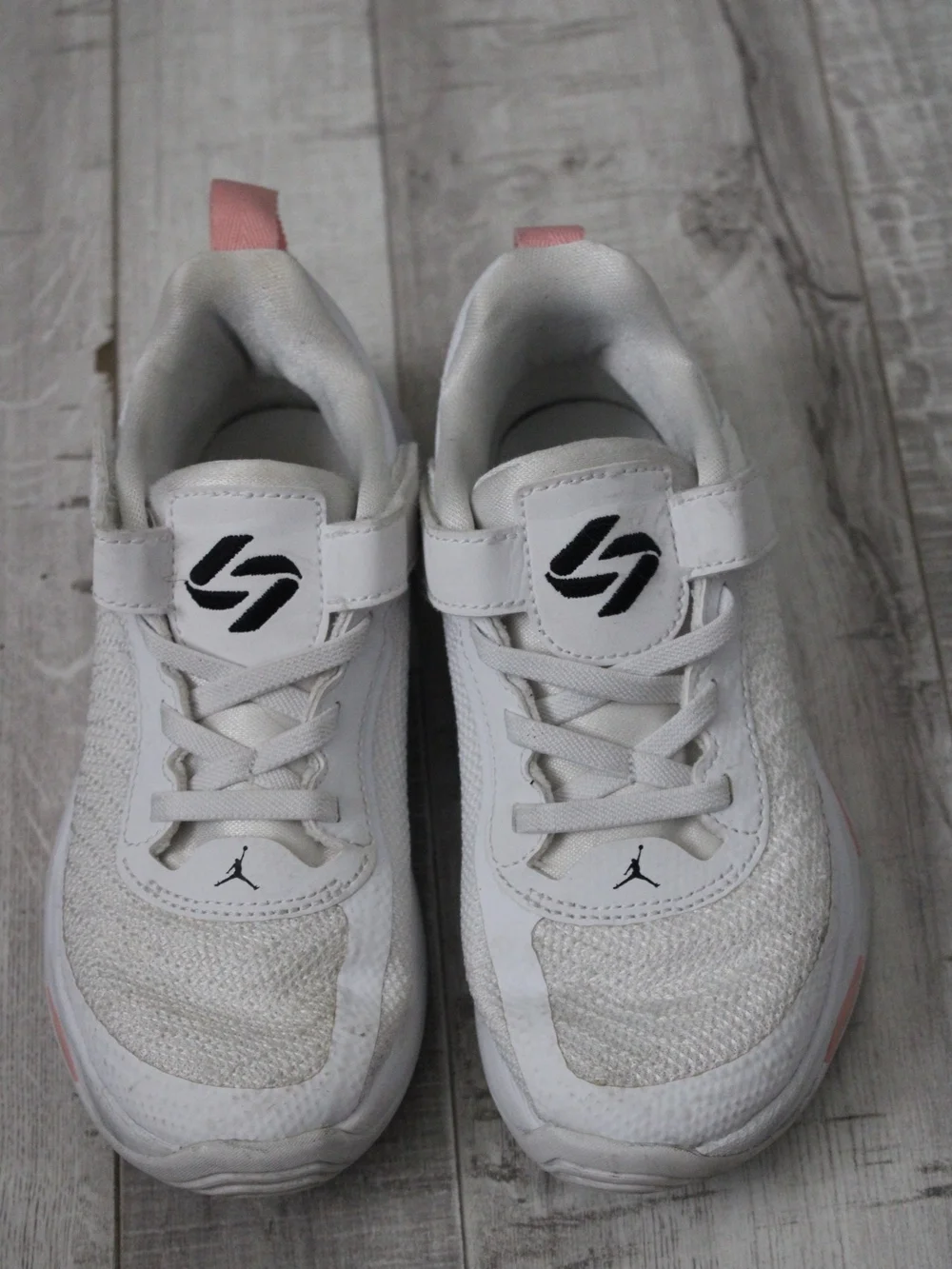 Jordan Kids White Sneakers with Light Pink Accents 13/13.5